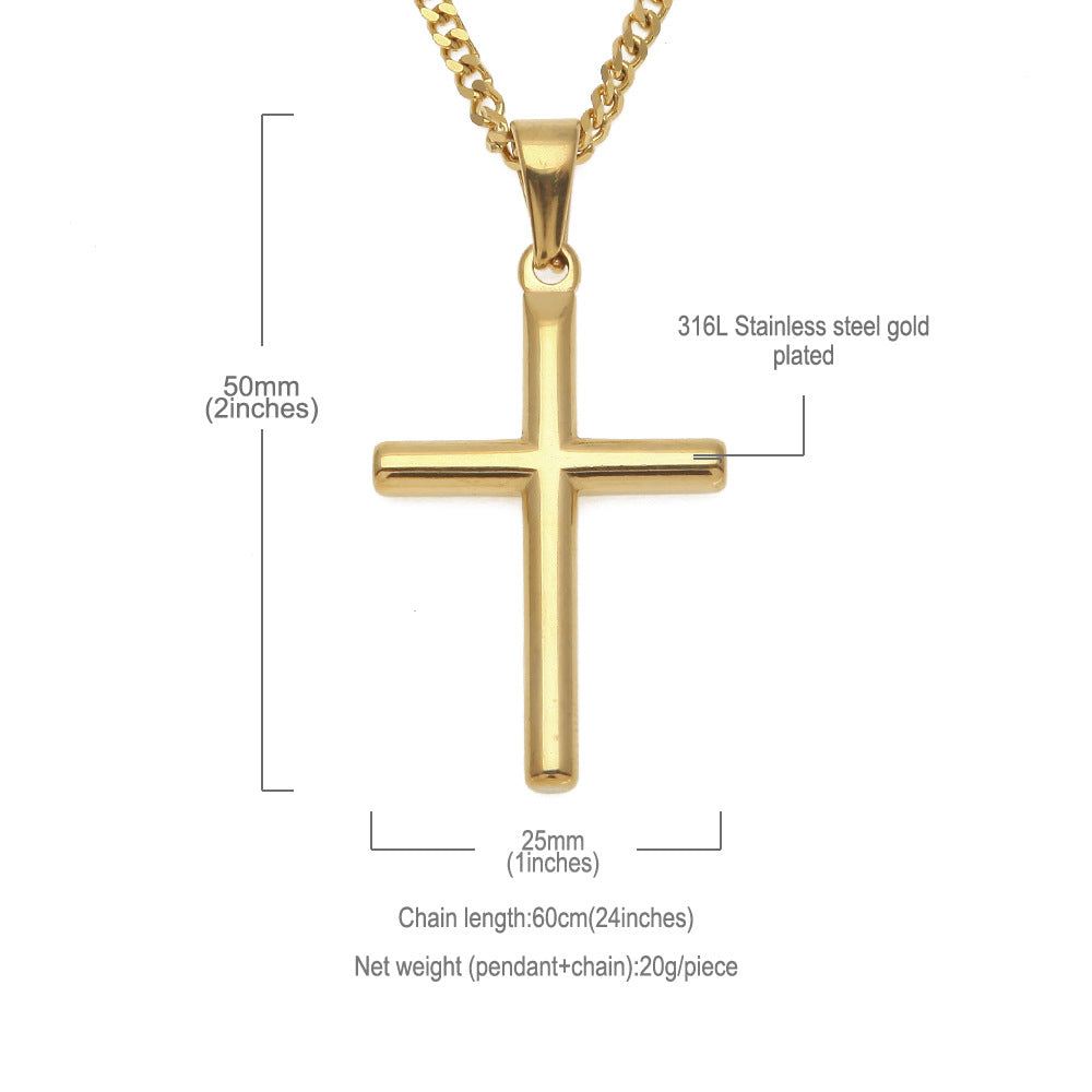 Gold Plated Stainless Steel Cross Pendant Necklace with 24 Inch Cuban Chain