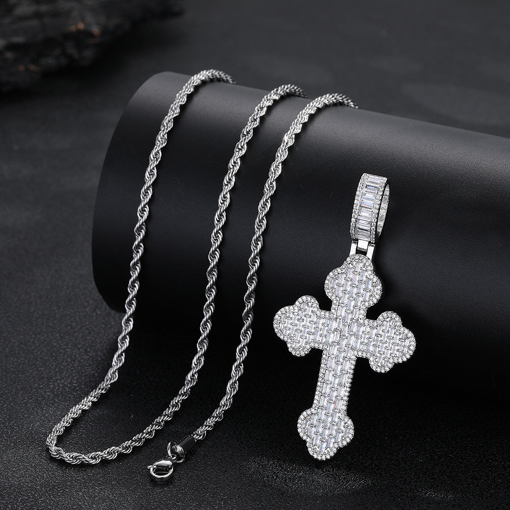 Iced Cross Pendant Rope Chain Necklace for Men, Hip Hop Pendant, Copper, Gold Tone or Silver Tone product image