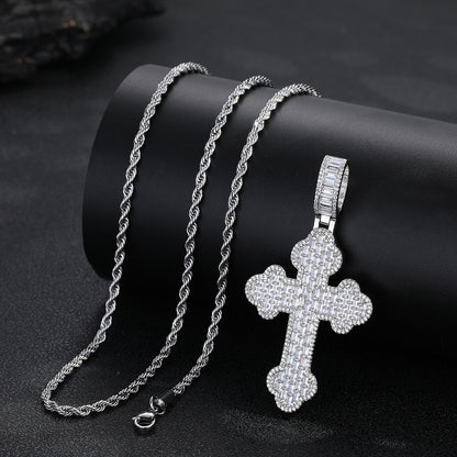 Iced Cross Pendant Rope Chain Necklace for Men, Hip Hop Pendant, Copper, Gold Tone or Silver Tone