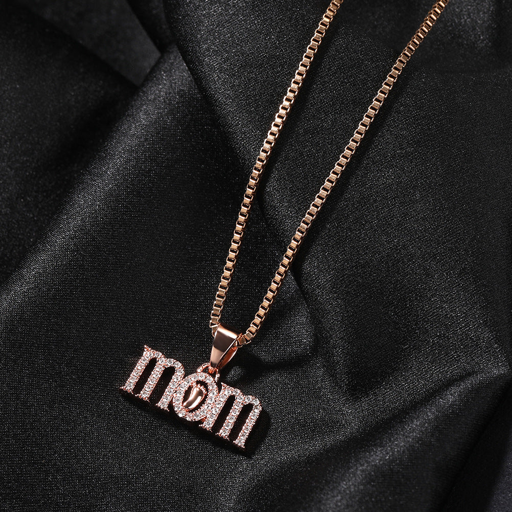 Personalized Mom Letter Pendant Necklace with Cubic Zirconia on 24 Inch Cuban Chain for Women