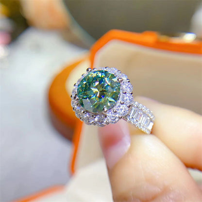 3 Carat Green Moissanite Halo Ring for Women, Round Geometric Engagement Style Ring, Sizes 8-19