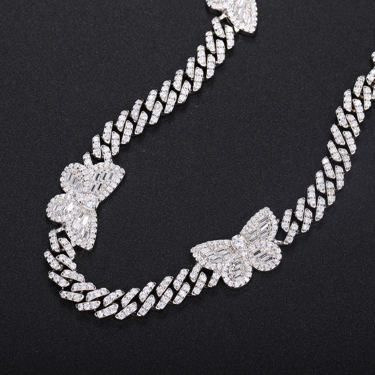 Iced Out Butterfly Cuban Link Chain Bracelet in White Silver Tone with Cubic Zirconia product image