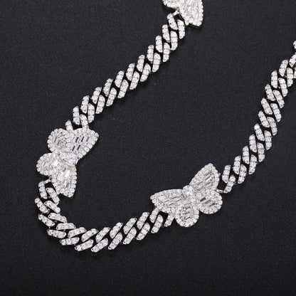 Iced Out Butterfly Cuban Link Chain Bracelet in White Silver Tone with Cubic Zirconia