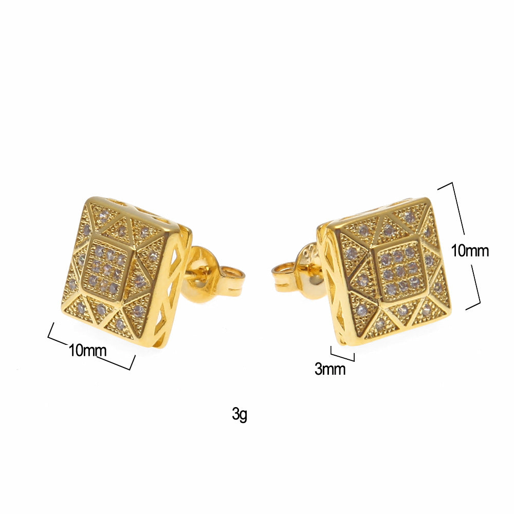 Men’s Square Stud Earrings in Gold & Silver Tone with Crystal Detail – Geometric Statement Earrings