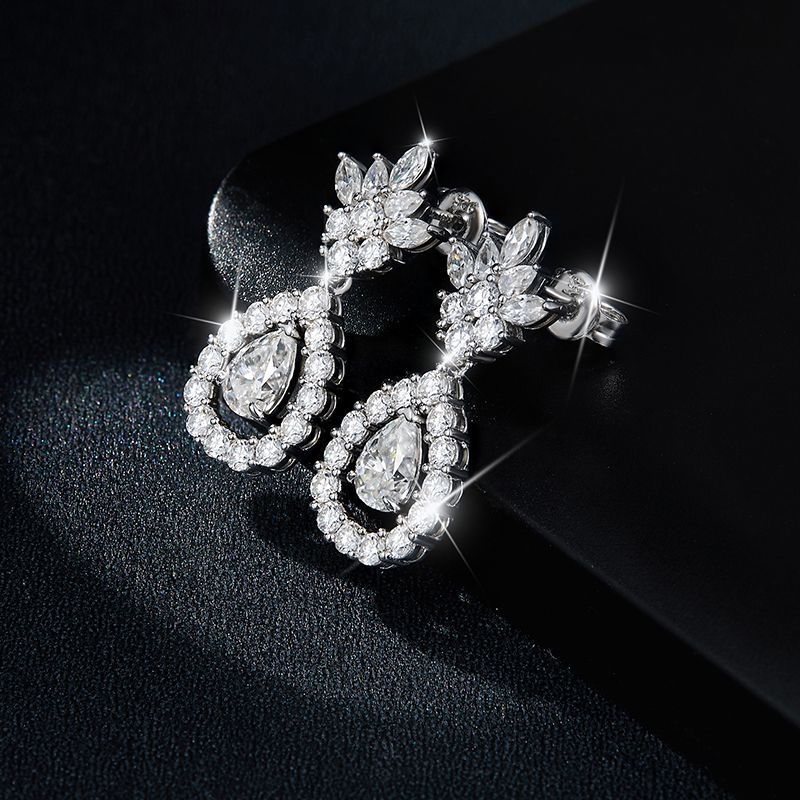 Moissanite Drop Earrings for Women, Pear Floral Stud Dangle Earrings, S925 Silver 18K Gold Plated product image