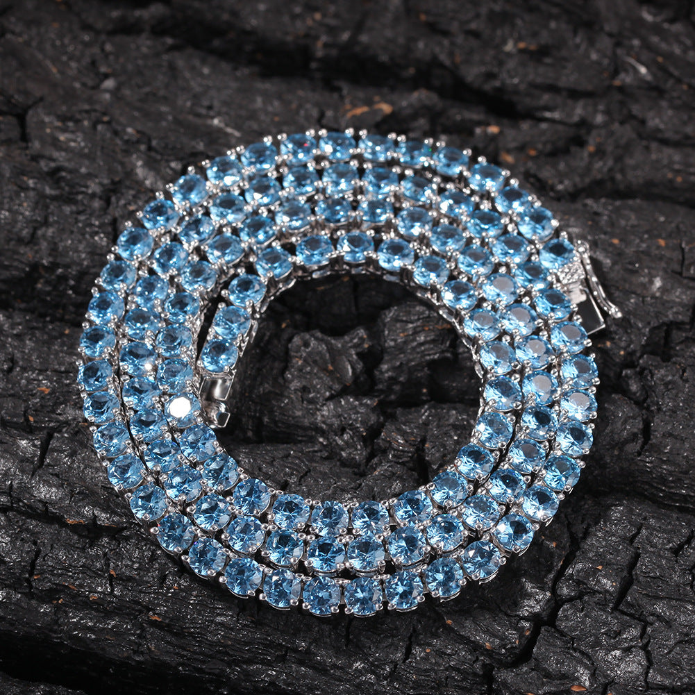 Iced Out Blue Cubic Zirconia Tennis Chain Necklace for Women & Men, Gold Plated or Silver Plated Round Statement Pendant Chain