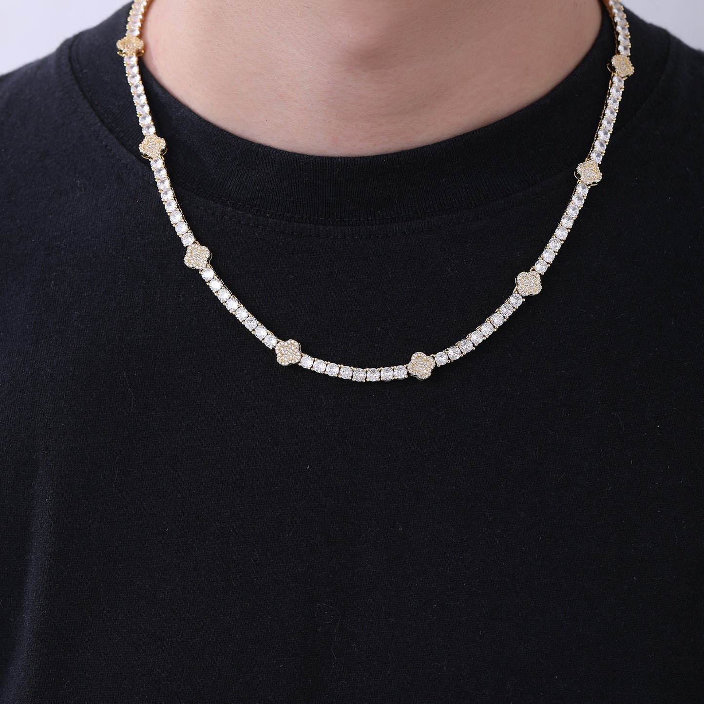 Tennis Chain Clover Pendant Necklace, Unisex CZ Geometric Jewelry