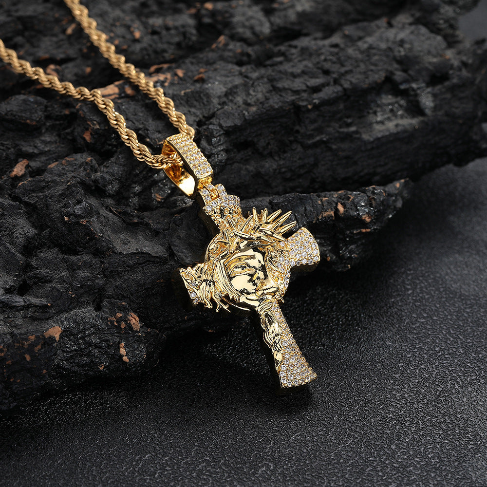 Crown of Thorns Cross Pendant Rope Chain Necklace for Men, Iced-Out Hip Hop Copper Jewelry product image