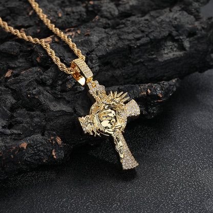 Crown of Thorns Cross Pendant Rope Chain Necklace for Men, Iced-Out Hip Hop Copper Jewelry