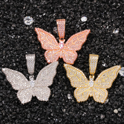 Iced Out Butterfly Pendant Necklace with Cubic Zirconia Chain for Women and Men