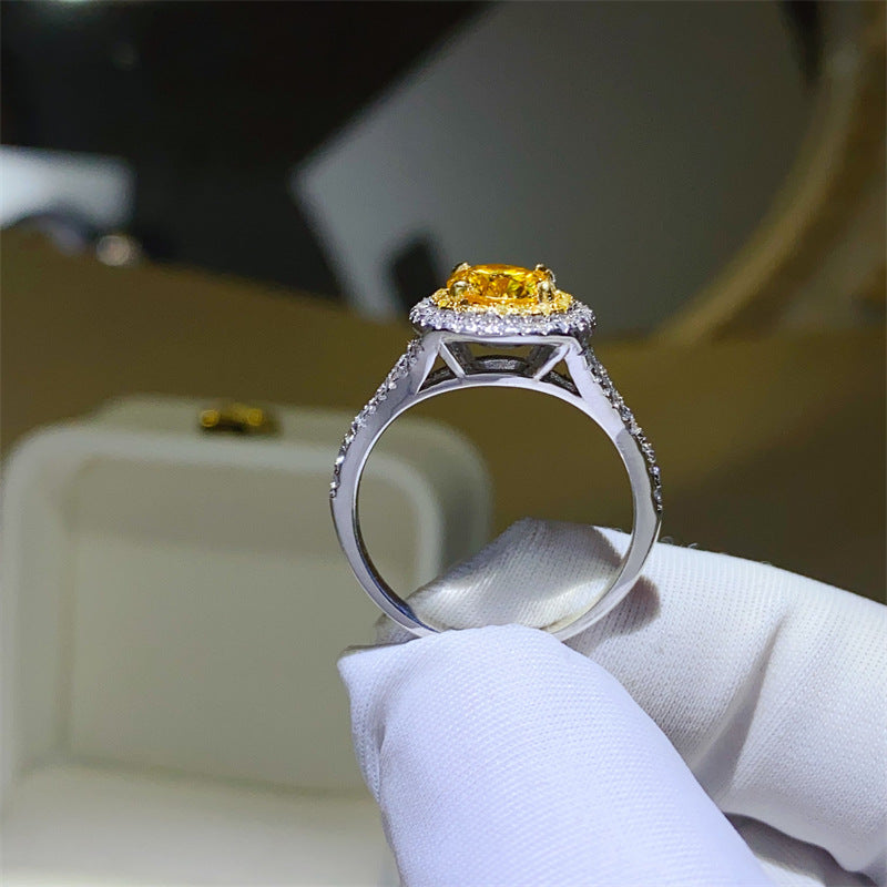 Yellow Moissanite Halo Ring for Women, Cushion Cut Engagement Ring Style, Geometric U-Shape Band product image
