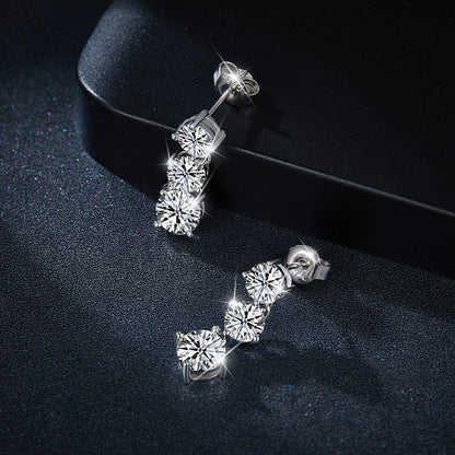 925 Silver Moissanite Three-Stone Drop Earrings, 6.0mm Prong-Set Stud Design