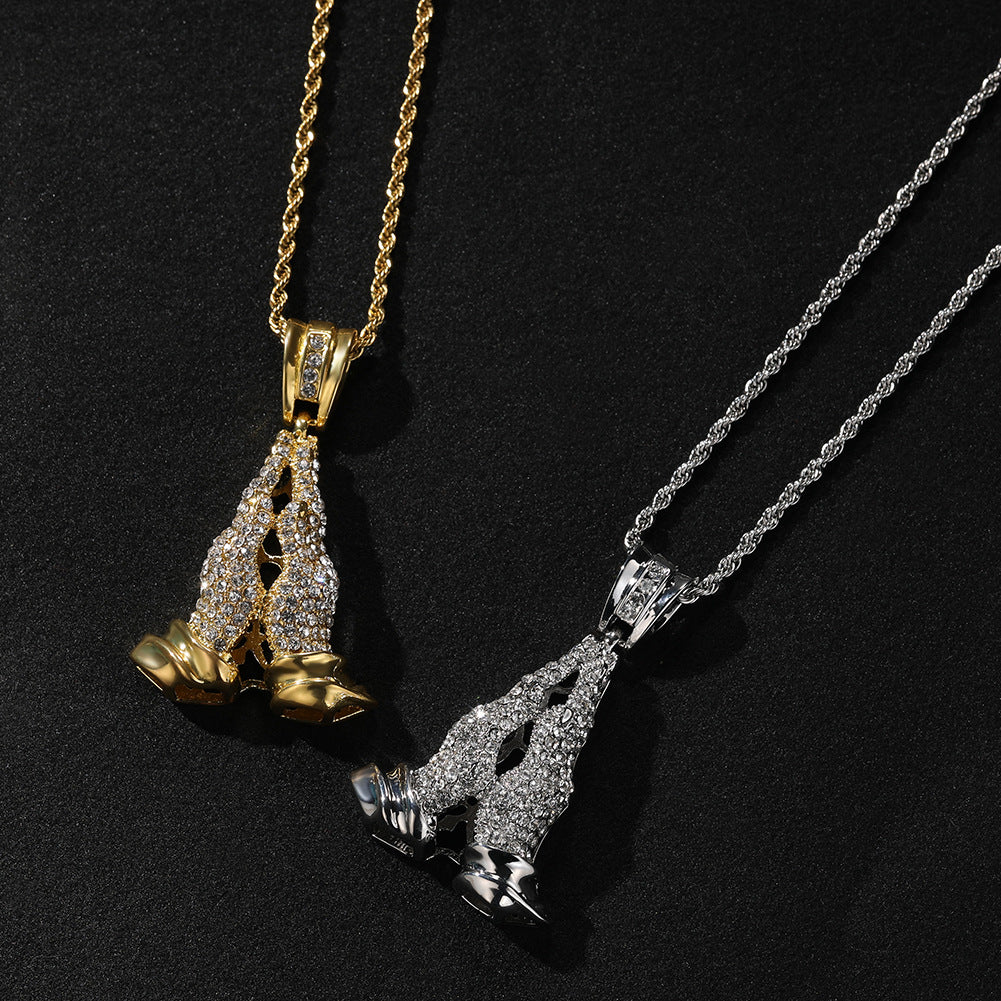 Iced Praying Hands Pendant Necklace with Twisted Rope Chain for Women and Men