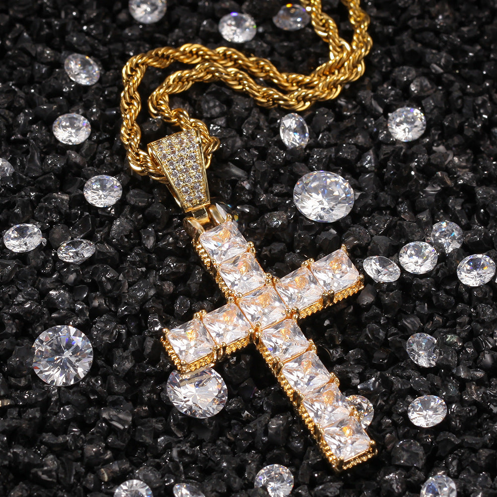 Iced Cross Pendant Necklace with Square Cubic Zirconia - Gold or Silver Tone Stainless Steel Rope Chain or Cuban Chain for Women and Men