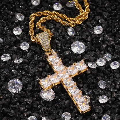 Iced Cross Pendant Necklace with Square Cubic Zirconia - Gold or Silver Tone Stainless Steel Rope Chain or Cuban Chain for Women and Men