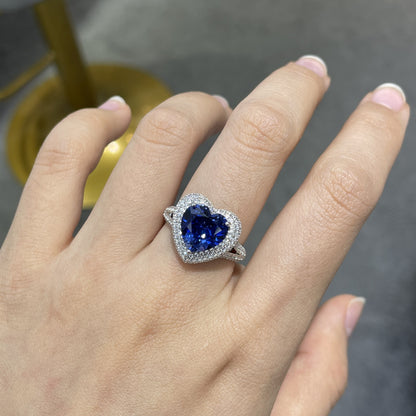 Blue Heart Halo Promise Ring, S925 Sterling Silver 18K Gold Plated Ring for Women