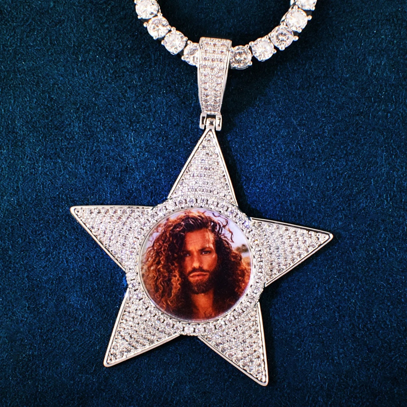 Unisex Iced Star Photo Pendant Necklace