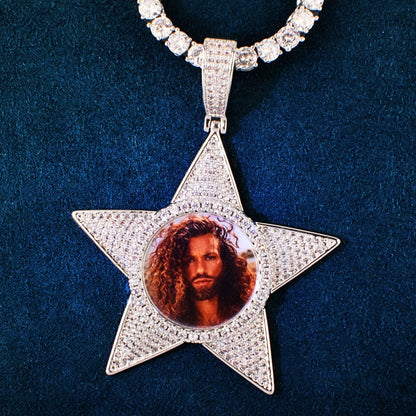 Unisex Iced Star Photo Pendant Necklace