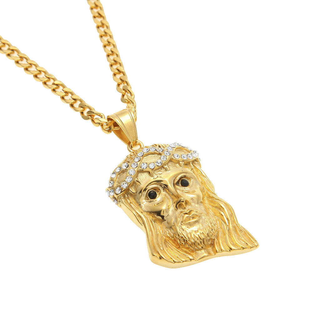 Gold Plated Stainless Steel Jesus Head Pendant Necklace with Cuban Chain for Men & Women