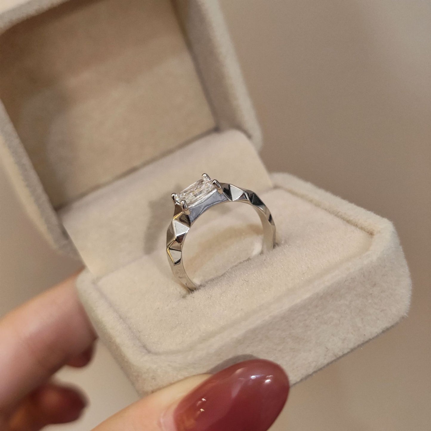 1ct Radiant Cut Moissanite Solitaire Ring, Geometric S925 Silver Band product image