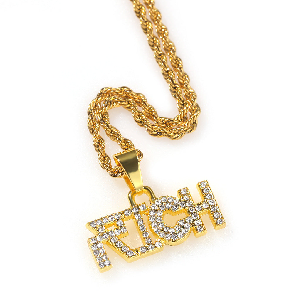 Iced Letter Pendant Necklace for Women and Men - Gold Plated Statement Chain Necklace with English Word Charm