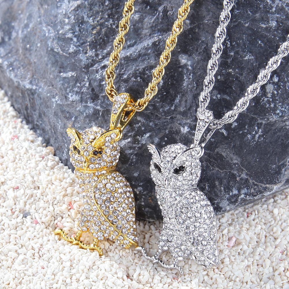 Gold Plated Crystal Owl Pendant Necklace with Stainless Steel Rope Chain for Women