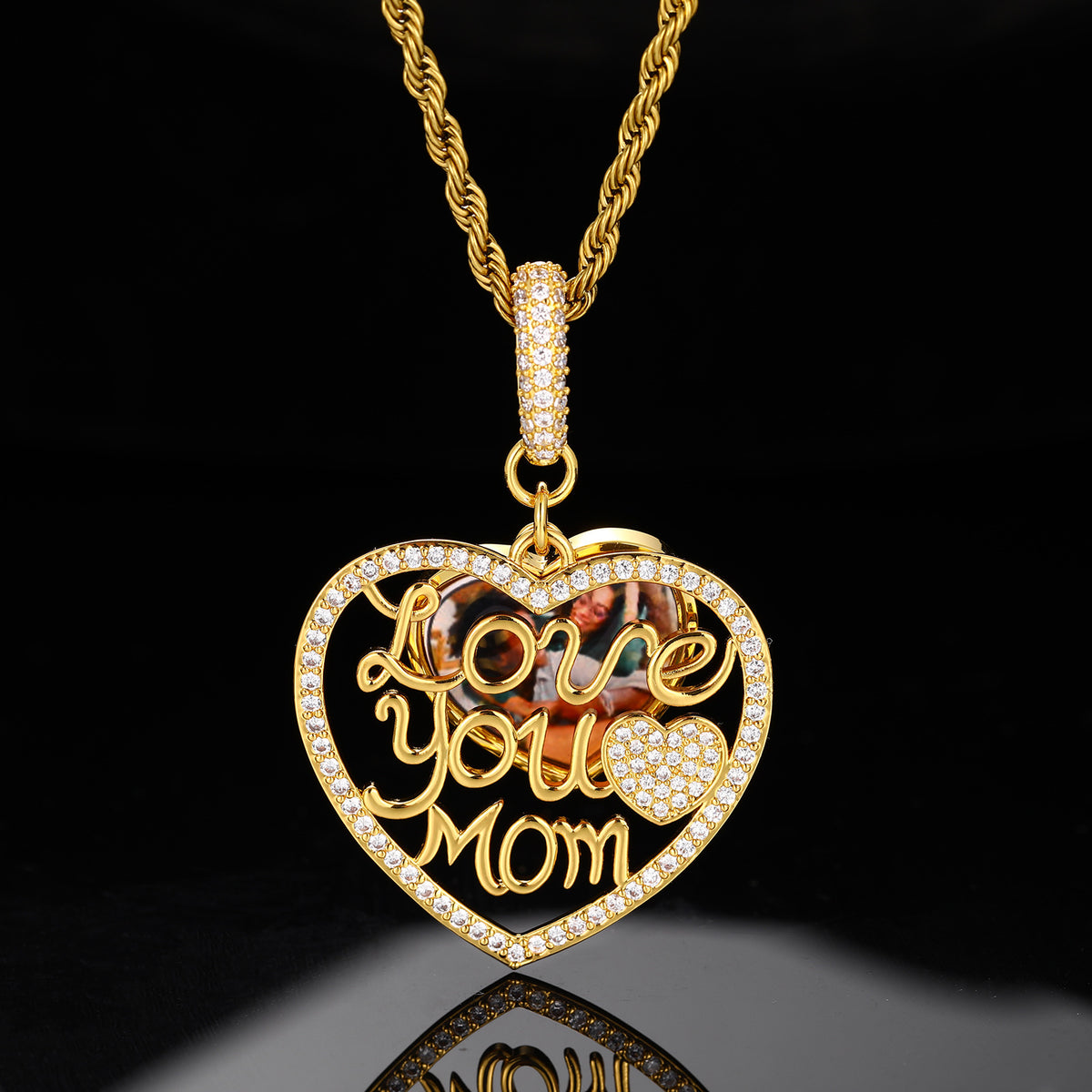 Heart Pendant Necklace for Mom, Iced Out Cubic Zirconia Rope Chain, Hip Hop Love You Mom Necklace, Silver Tone or Golden Tone Copper Jewelry product image