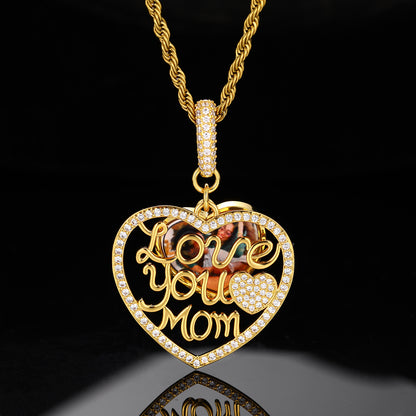 Heart Pendant Necklace for Mom, Iced Out Cubic Zirconia Rope Chain, Hip Hop Love You Mom Necklace, Silver Tone or Golden Tone Copper Jewelry