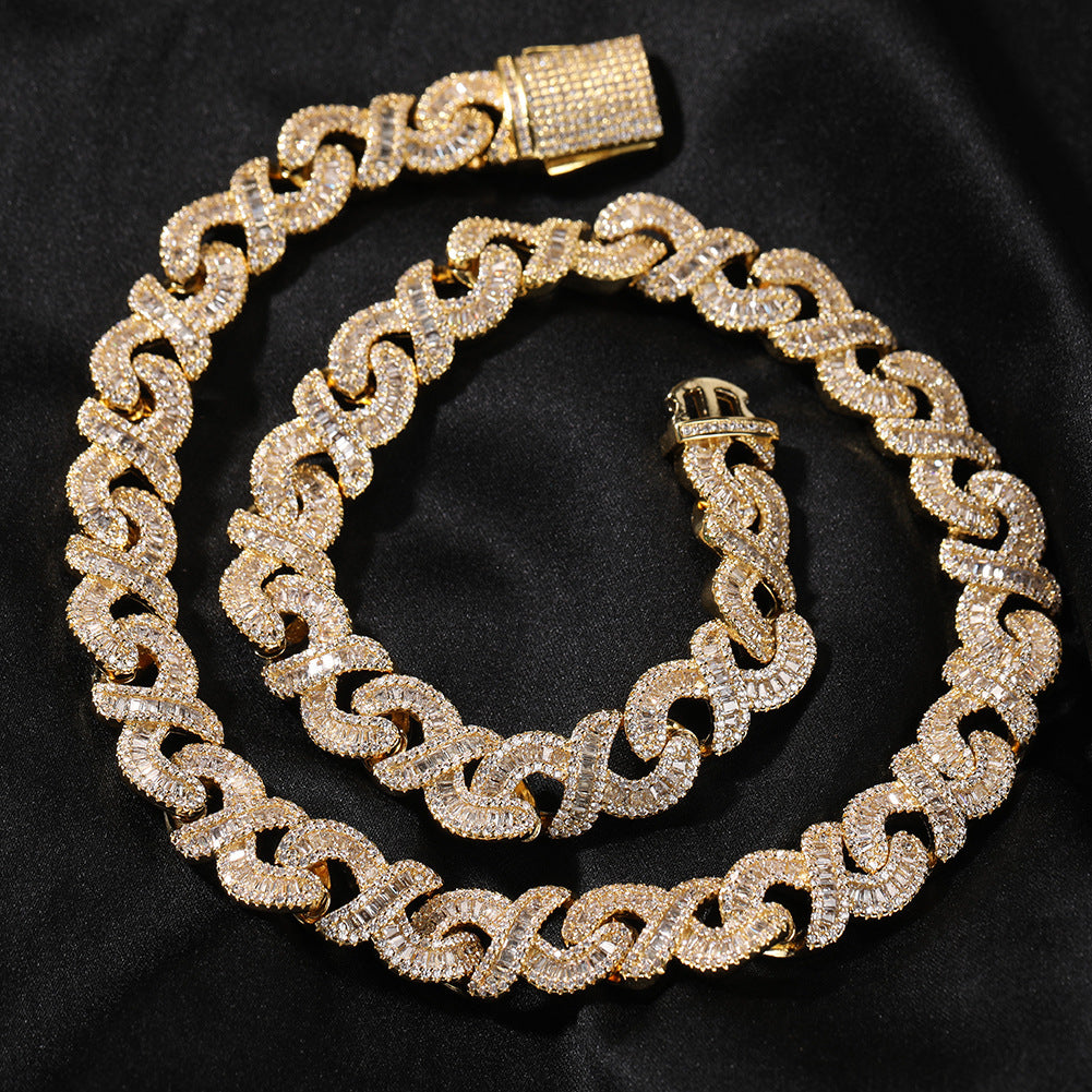 Infinity Link Cuban Chain Necklace & Bracelet with Cubic Zirconia - Unisex Statement Pendant Chain in Gold Plated or Silver Plated