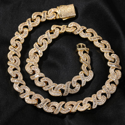 Infinity Link Cuban Chain Necklace & Bracelet with Cubic Zirconia - Unisex Statement Pendant Chain in Gold Plated or Silver Plated