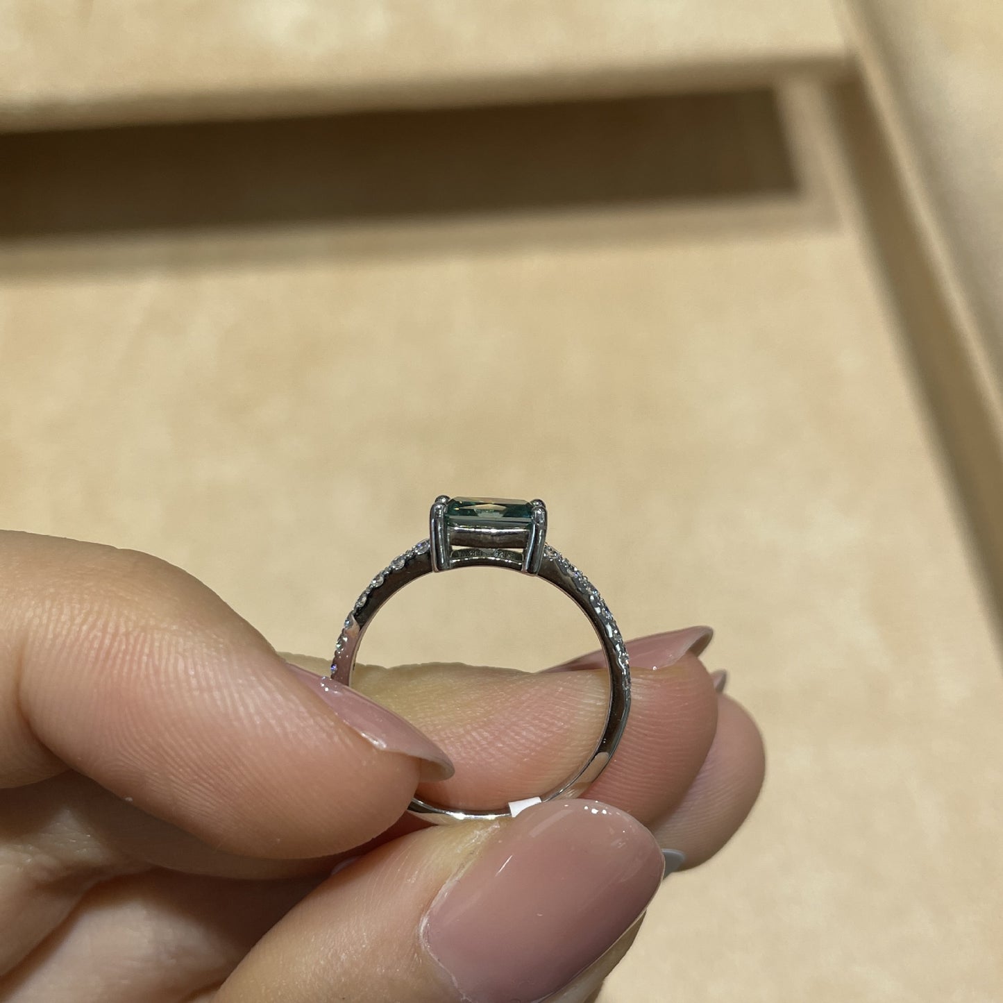S925 Green Square Moissanite Ring for Women, Four-Prong Solitaire Promise Ring product image