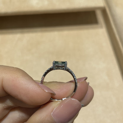 S925 Green Square Moissanite Ring for Women, Four-Prong Solitaire Promise Ring