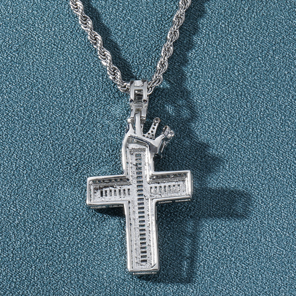 Hip Hop Vintage Cross Crown Copper Pendant Necklace for Men and Women