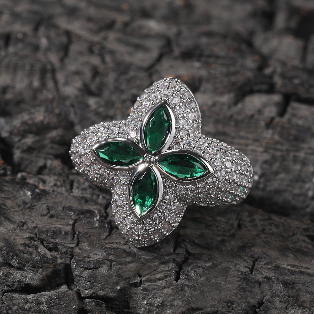 Silver-Tone Clover Flower Ring with Green Crystal Accents and Paved Cubic Zirconia