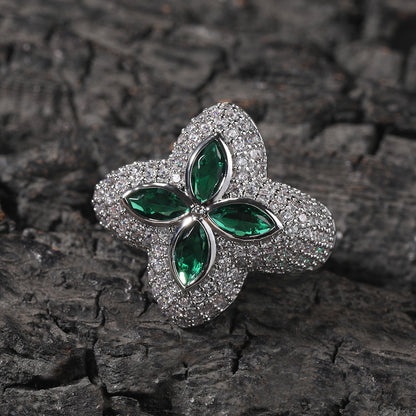 Silver-Tone Clover Flower Ring with Green Crystal Accents and Paved Cubic Zirconia