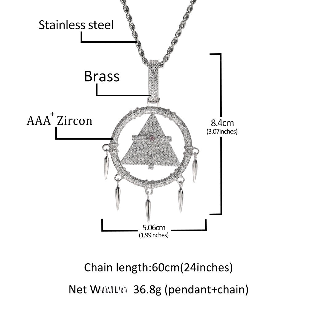 Iced Out Geometric Triangle Circle Pendant Necklace with CZ Stones, Silvery Hip Hop Twist Chain 24 Inch, Small & Large Size Options