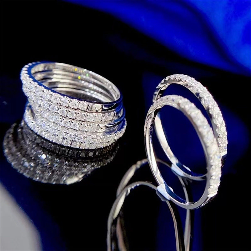 Moissanite Pave Band Ring for Women, Slim Stacking Ring in White Tone, Minimal Sparkle Promise Ring, Tail Ring, Sizes 9-19 product image