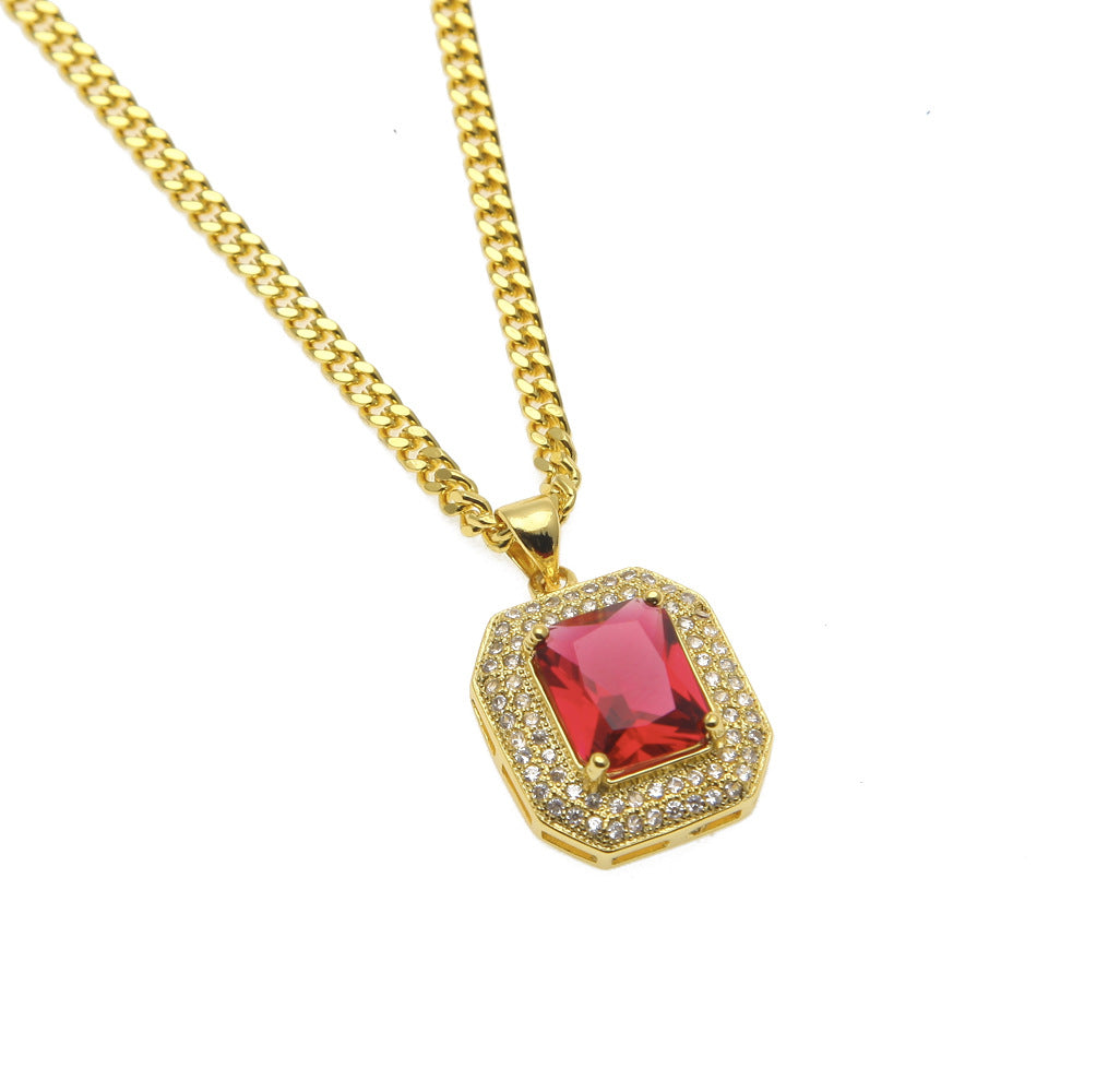 Gold Plated Blue Cubic Zirconia Rectangle Pendant Necklace with 60cm Cuban Chain