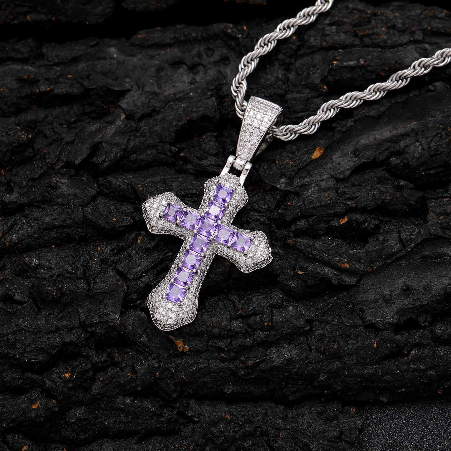 Hip Hop Light Luxury Cross Square Cubic Zirconia Pendant Necklace for Men and Women