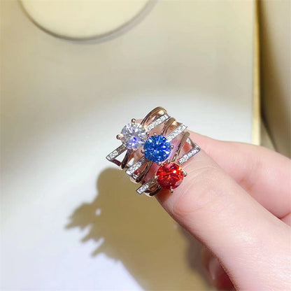 1 Carat Moissanite Ring for Women, U Shape Engagement Ring with White, Red or Blue Center Stone