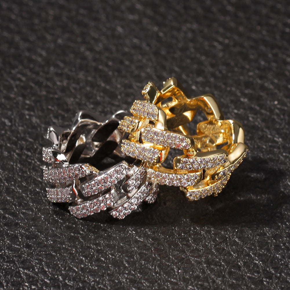 Unisex Irregular Cuban Link Ring with Cubic Zirconia – Gold & Silver Statement Hip Hop Ring