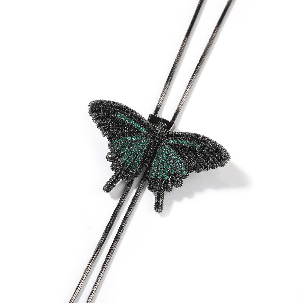 Unisex Hip Hop Butterfly Pendant Necklace with Cubic Zirconia Long Chain Statement Jewelry
