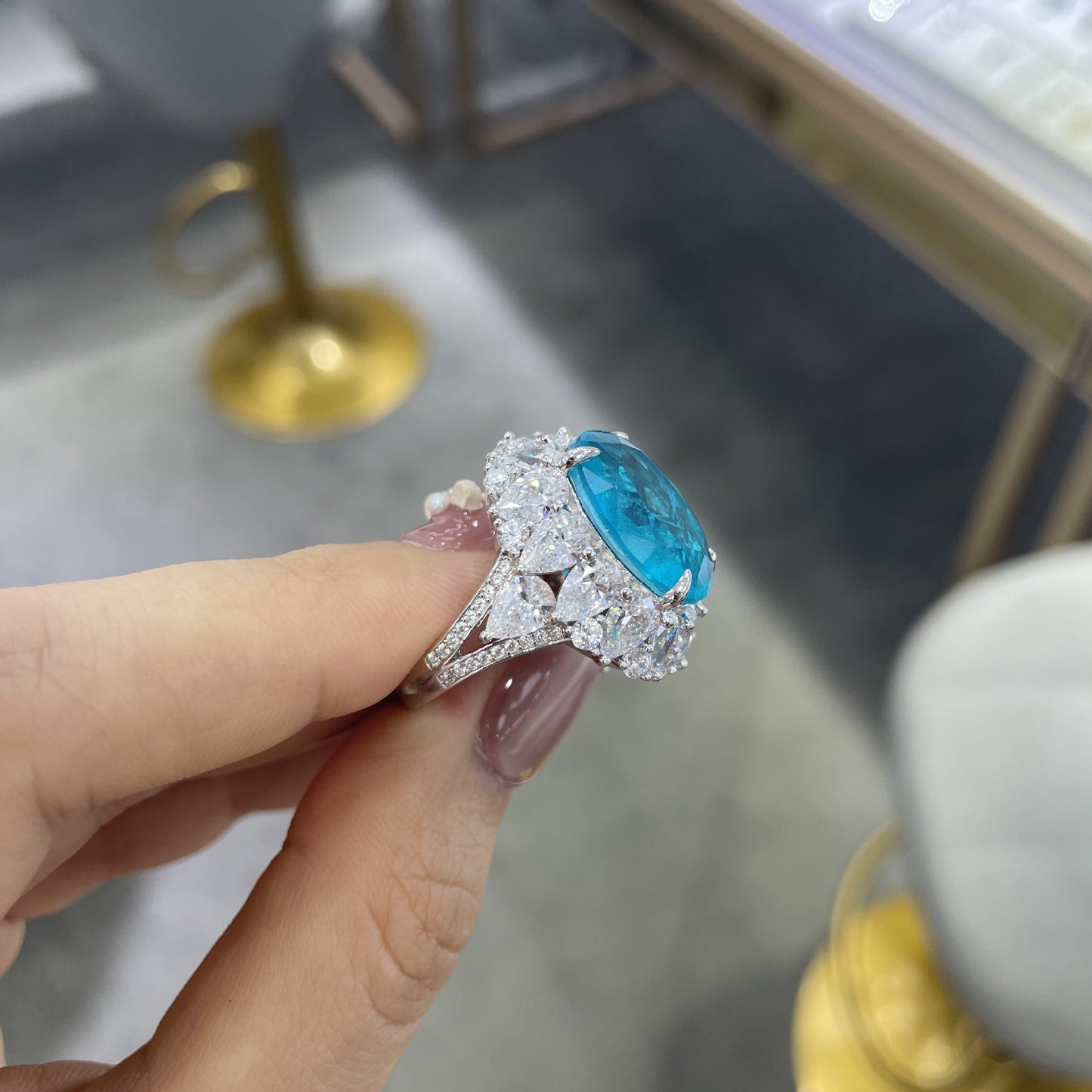 Lake Blue Oval Halo Ring for Women, 12-16mm Center Stone, S925 Silver Gold-Plated Ring product image
