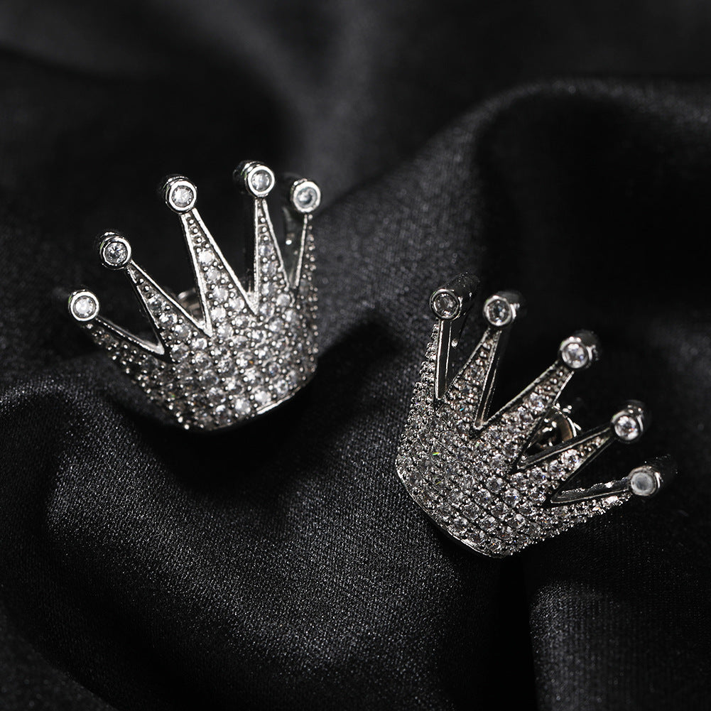 Men’s Crown Stud Earrings with Cubic Zirconia in Gold or Silver Tone Hip Hop Statement Jewelry