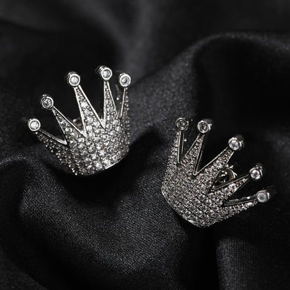 Men’s Crown Stud Earrings with Cubic Zirconia in Gold or Silver Tone Hip Hop Statement Jewelry