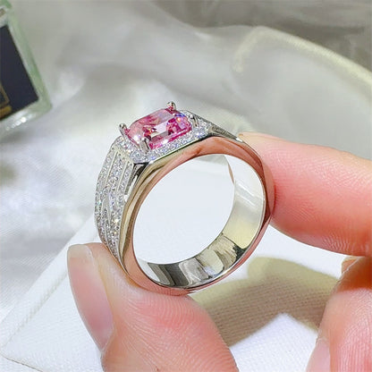 Men's Pink Asscher Cut Moissanite Ring with Halo Pavé Band
