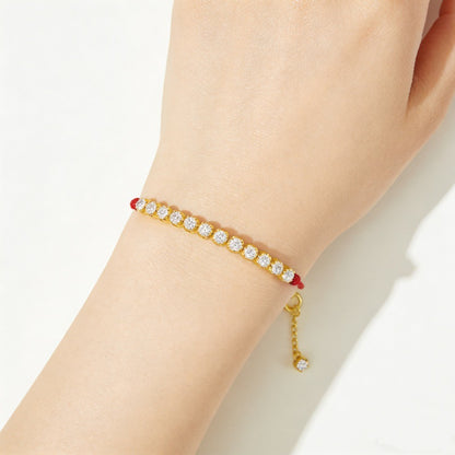 Moissanite Tennis Bracelet on Red Cord, Round Stone Adjustable Bracelet for Women