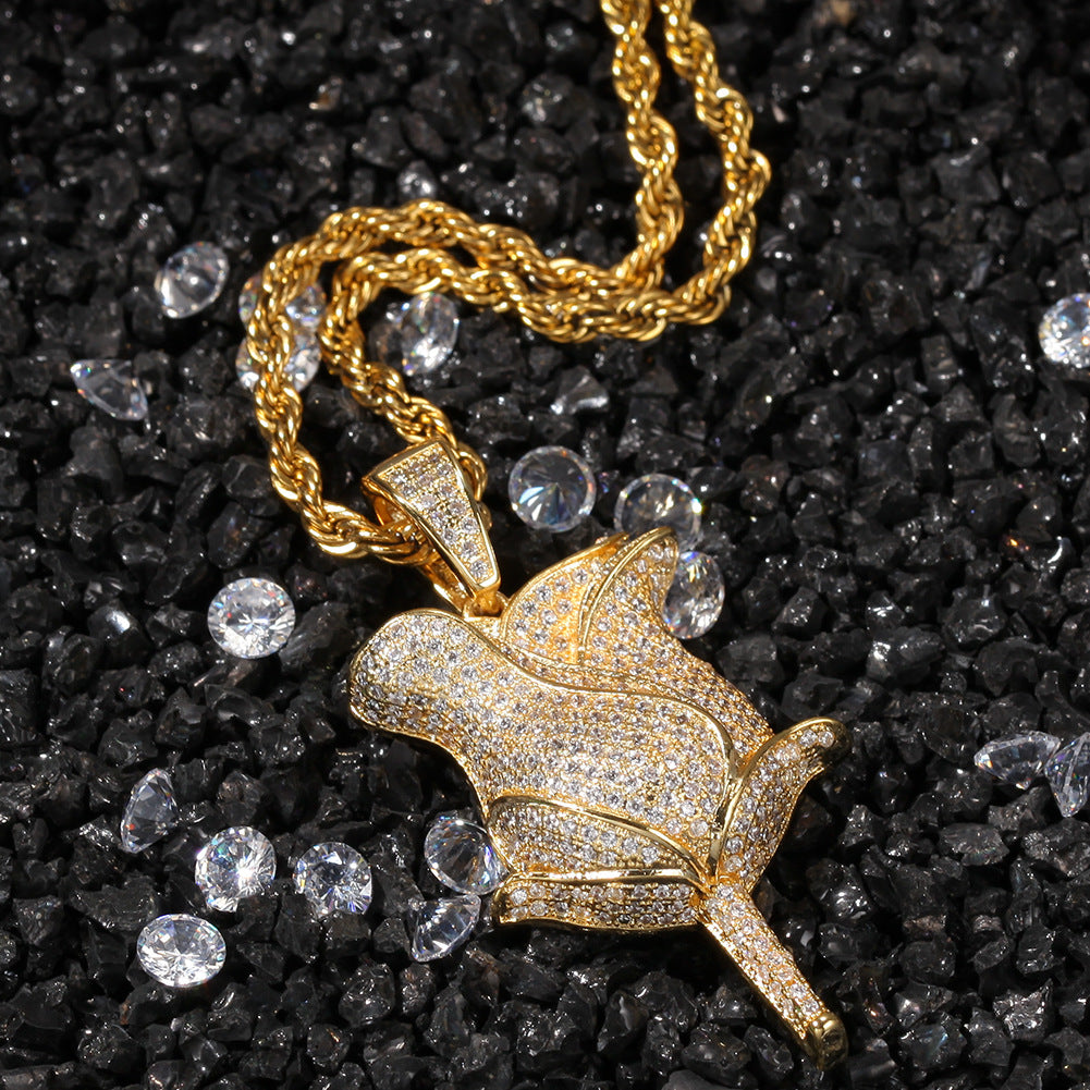 Men’s Iced Rose Pendant Necklace with Cubic Zirconia Twisted Chain, Gold Plated or Silver Plated Statement Jewelry
