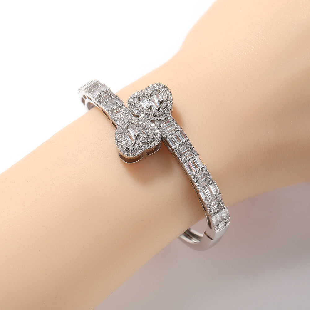Gold Plated Heart Cubic Zirconia Bangle Bracelet for Women - Trendy Statement Cuff in Gold or Silver Tone