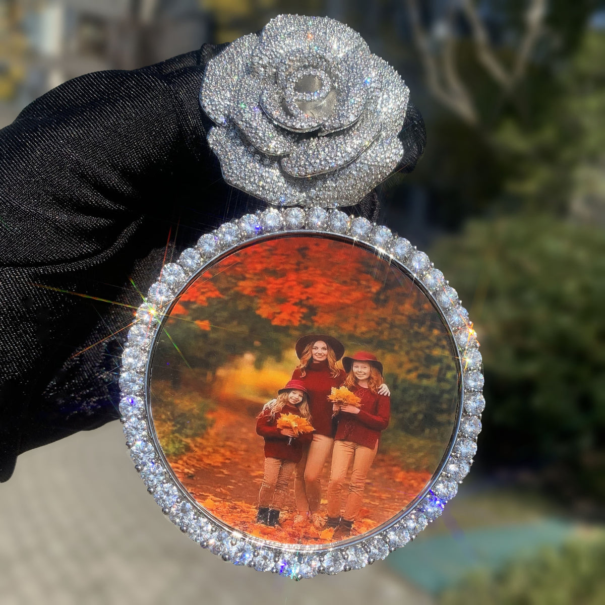 Rose Photo Frame Pendant Necklace for Women Iced Out Statement Jewelry product image